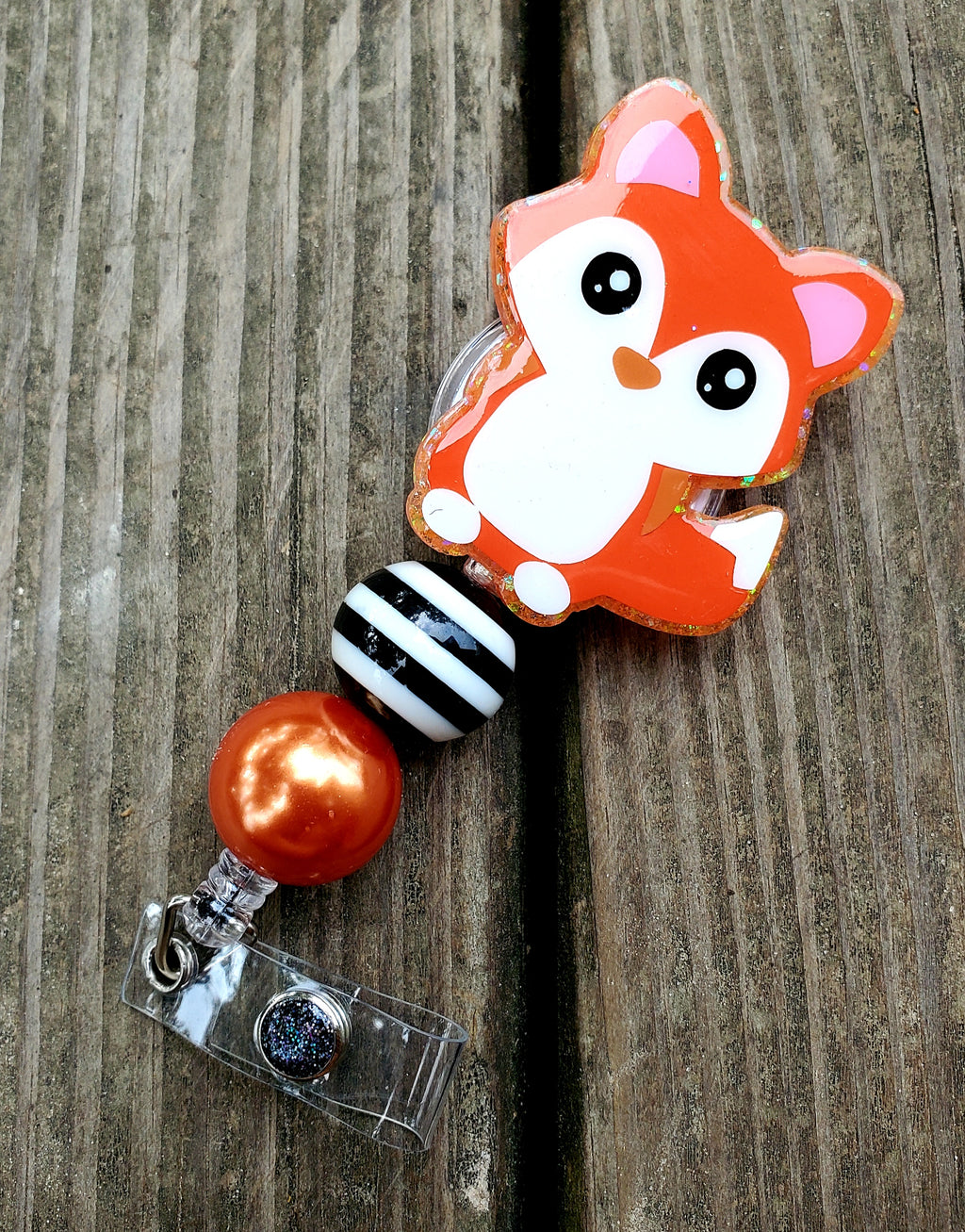 Sitting fox orange glitter beaded Badge Reel Glitter