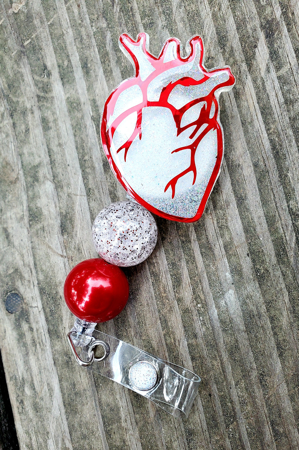 Cardio heart medical red glitter beaded Badge Reel Glitter