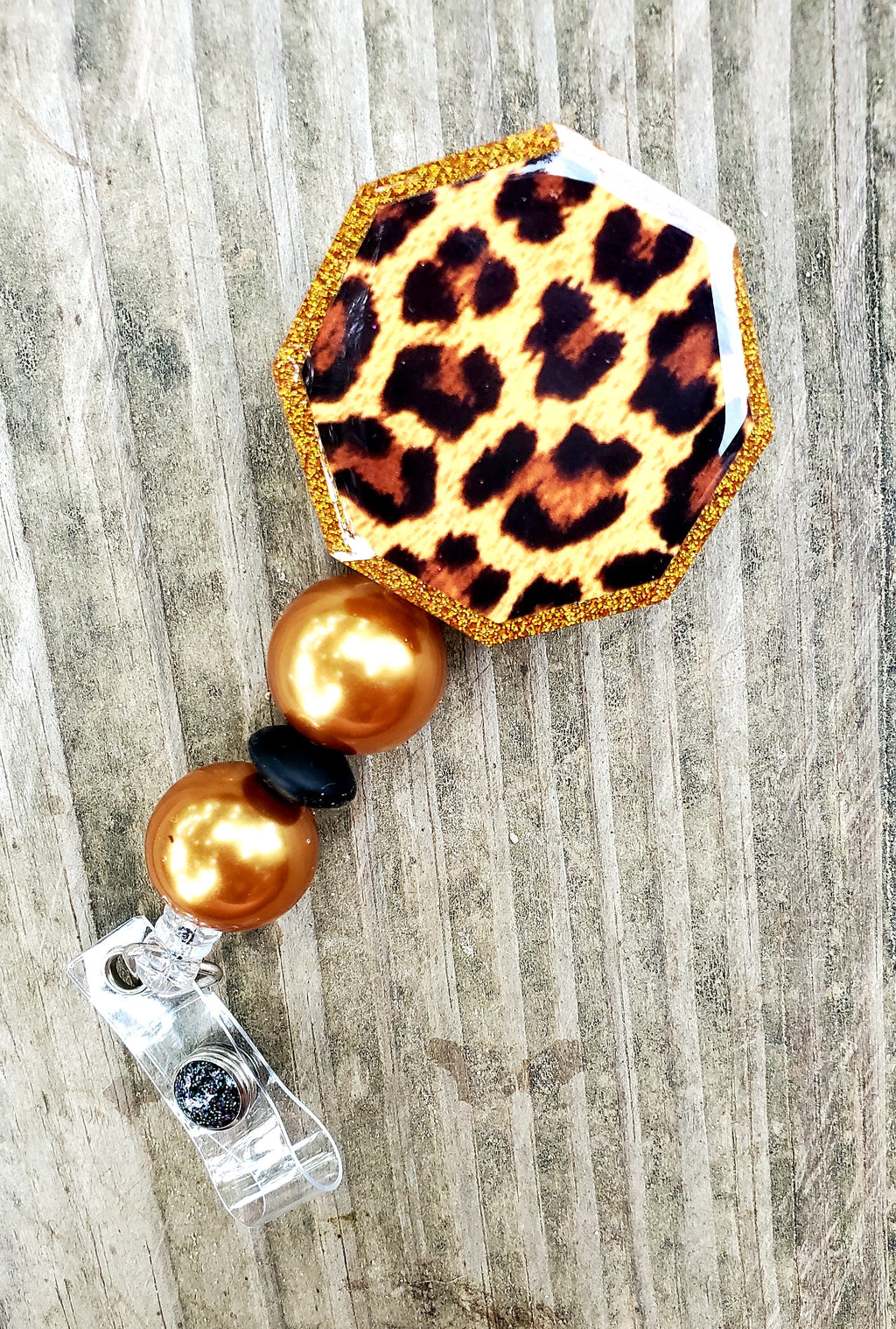 Cheetah leopard gold black glitter beaded Badge Reel Glitter
