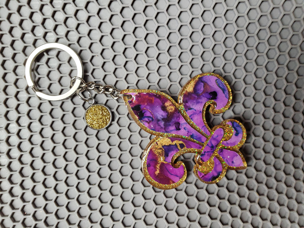 Fleur De Lis Purple Marble Keychains