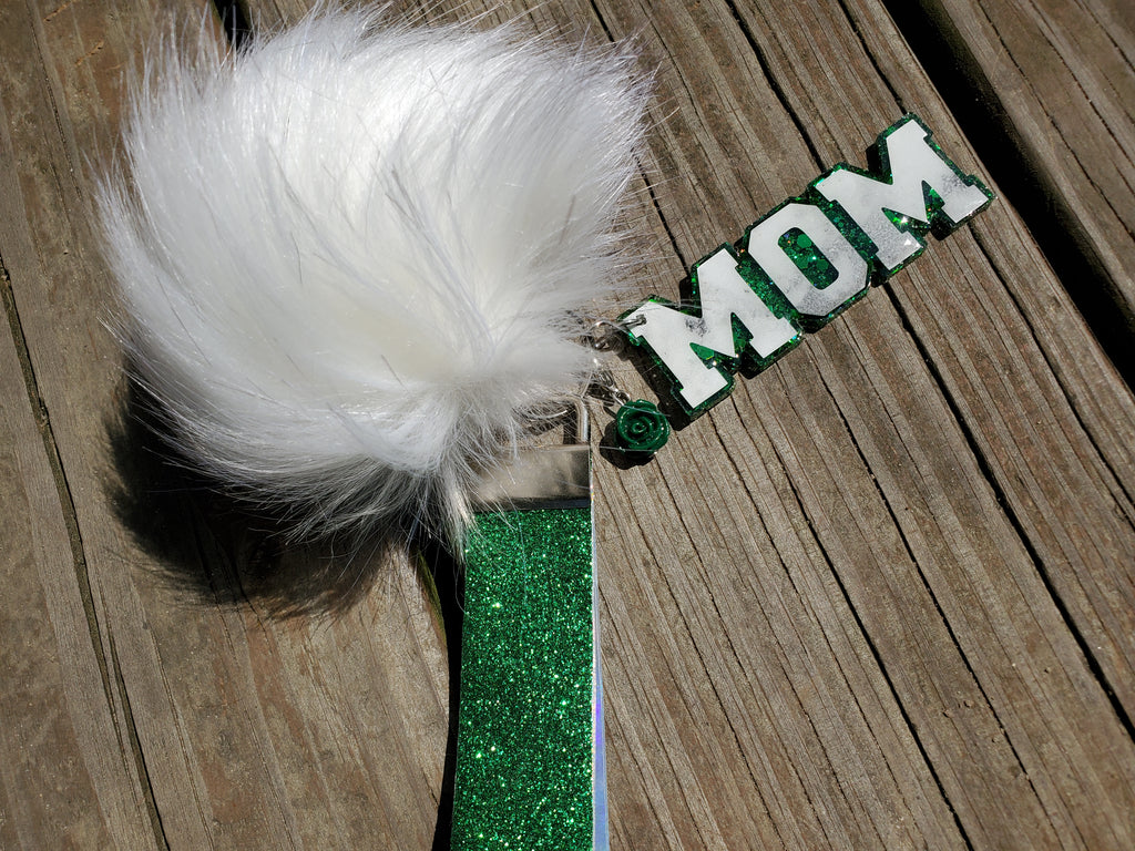 Tassel PomPom Mom Green Glitter Keychains