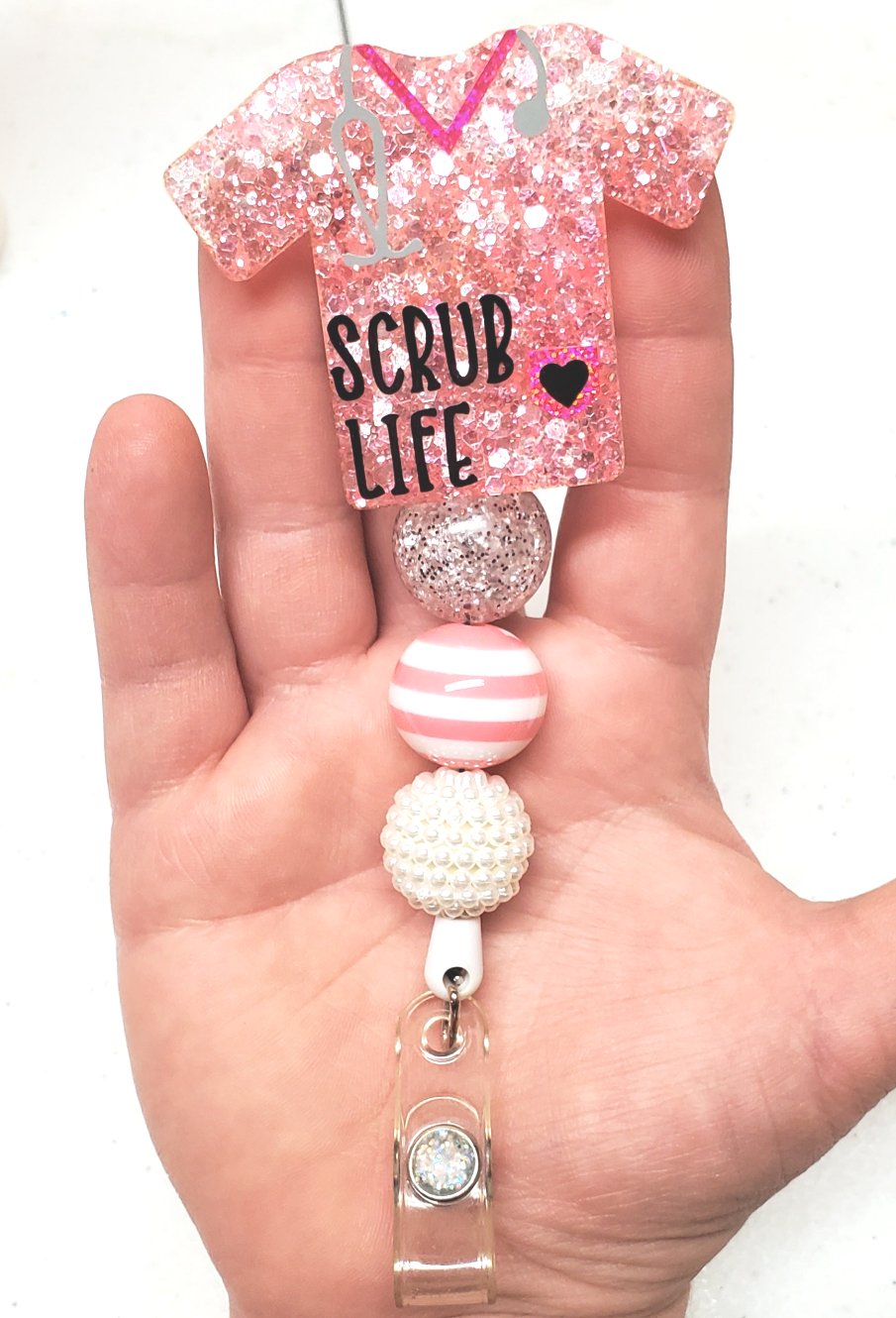 Scrub top nurse pink glitter pearl beaded Badge Reel Glitter