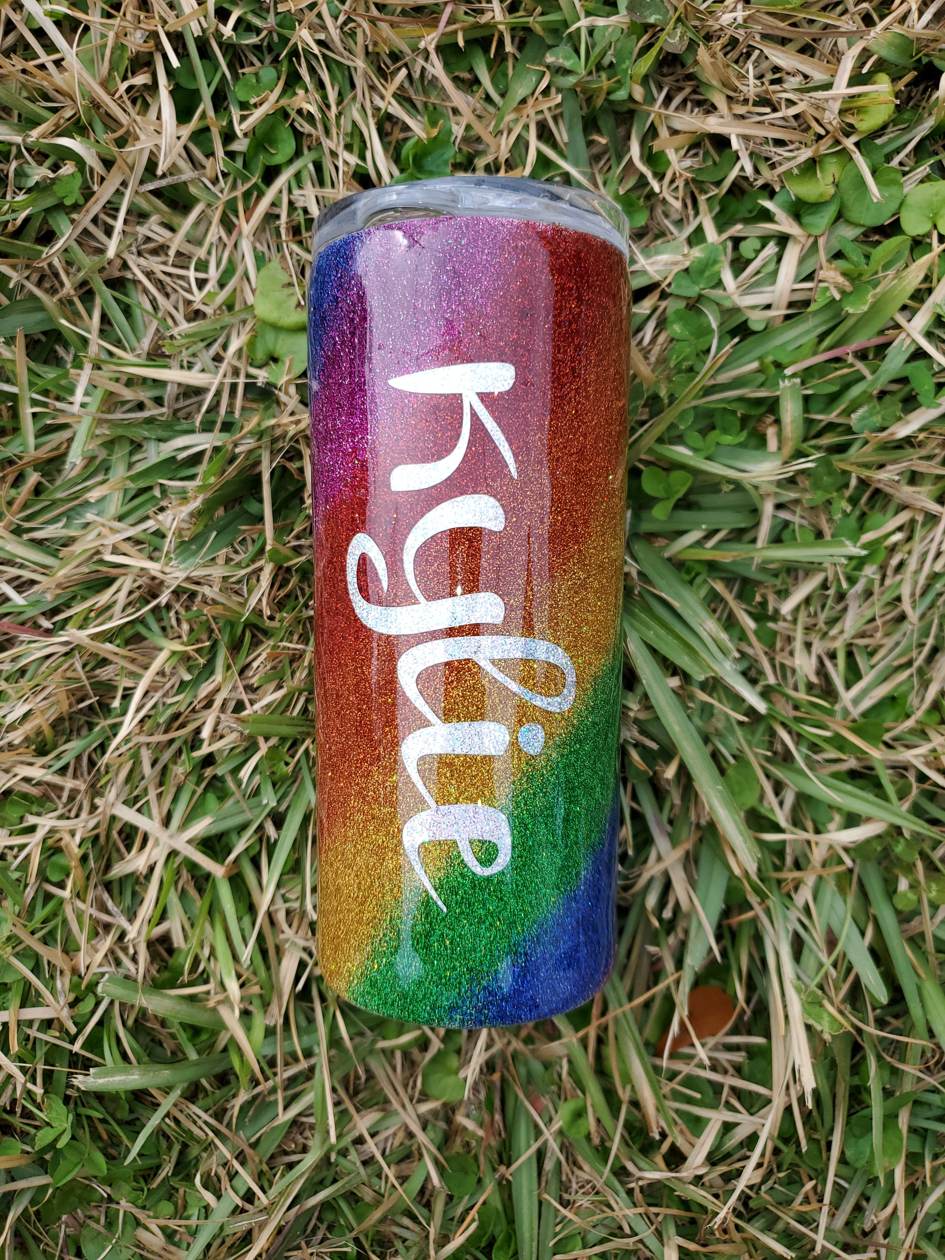 Rainbow Swirl Glitter Stainless steel tumbler.