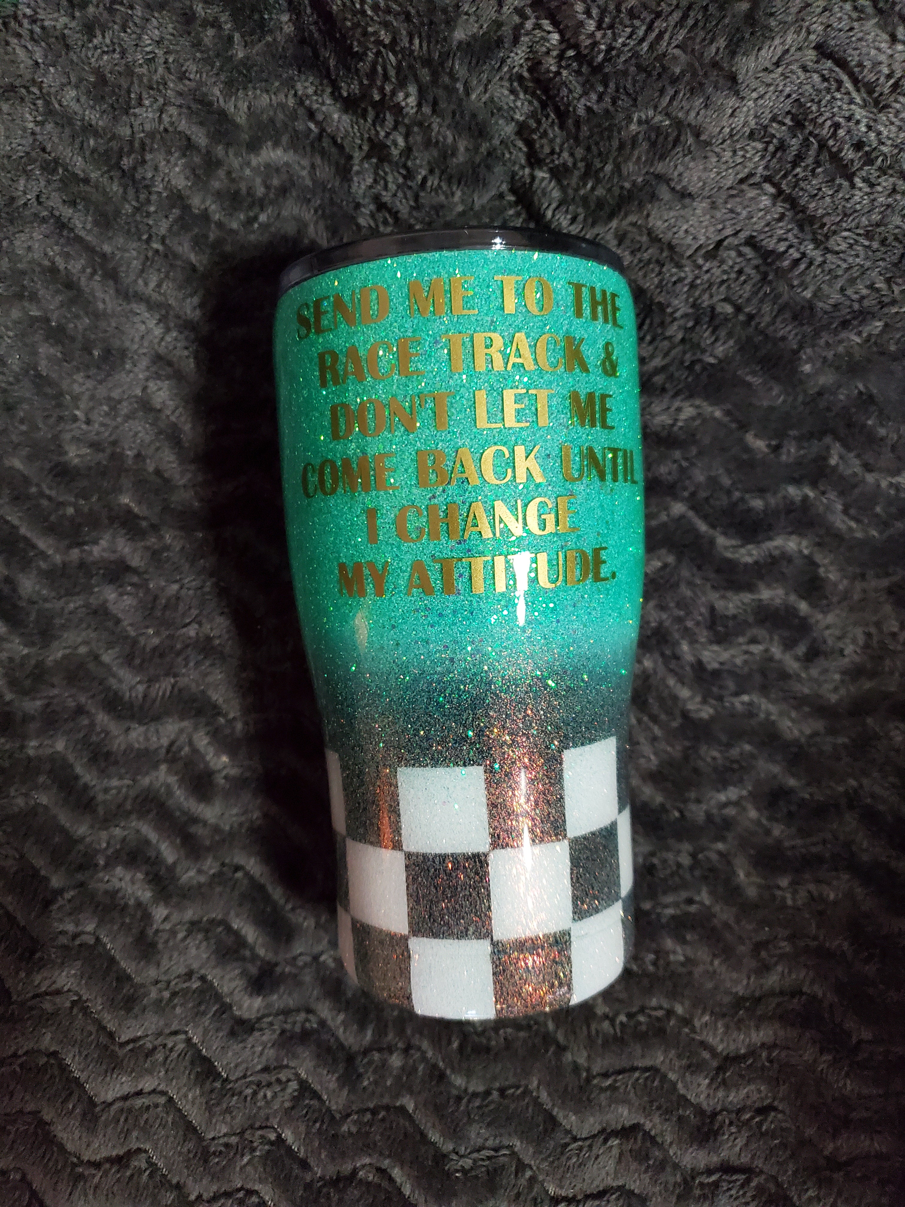 Seafoam Checkered Race Stainless steel tumbler.