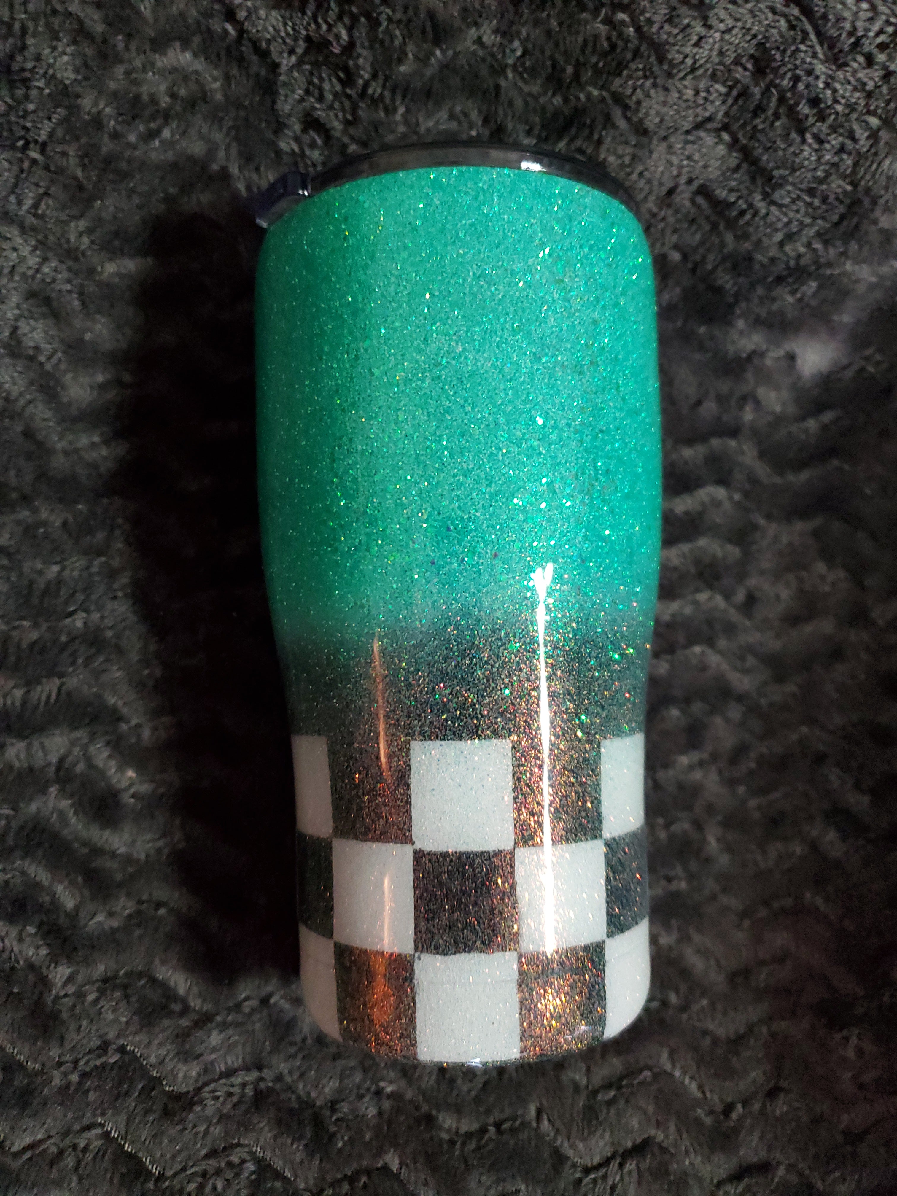 Seafoam Checkered Race Stainless steel tumbler.