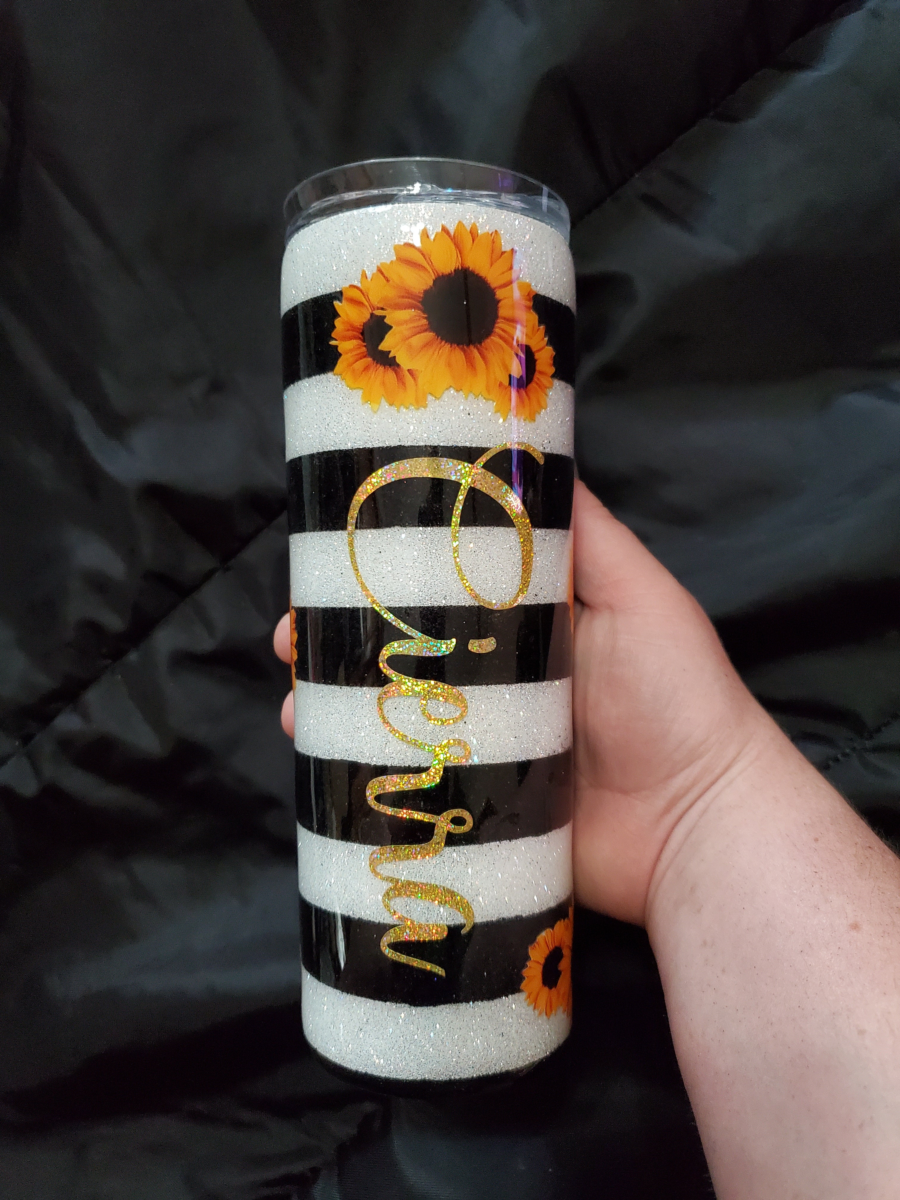 Sunflower stripe ombre glitter Stainless steel tumbler.