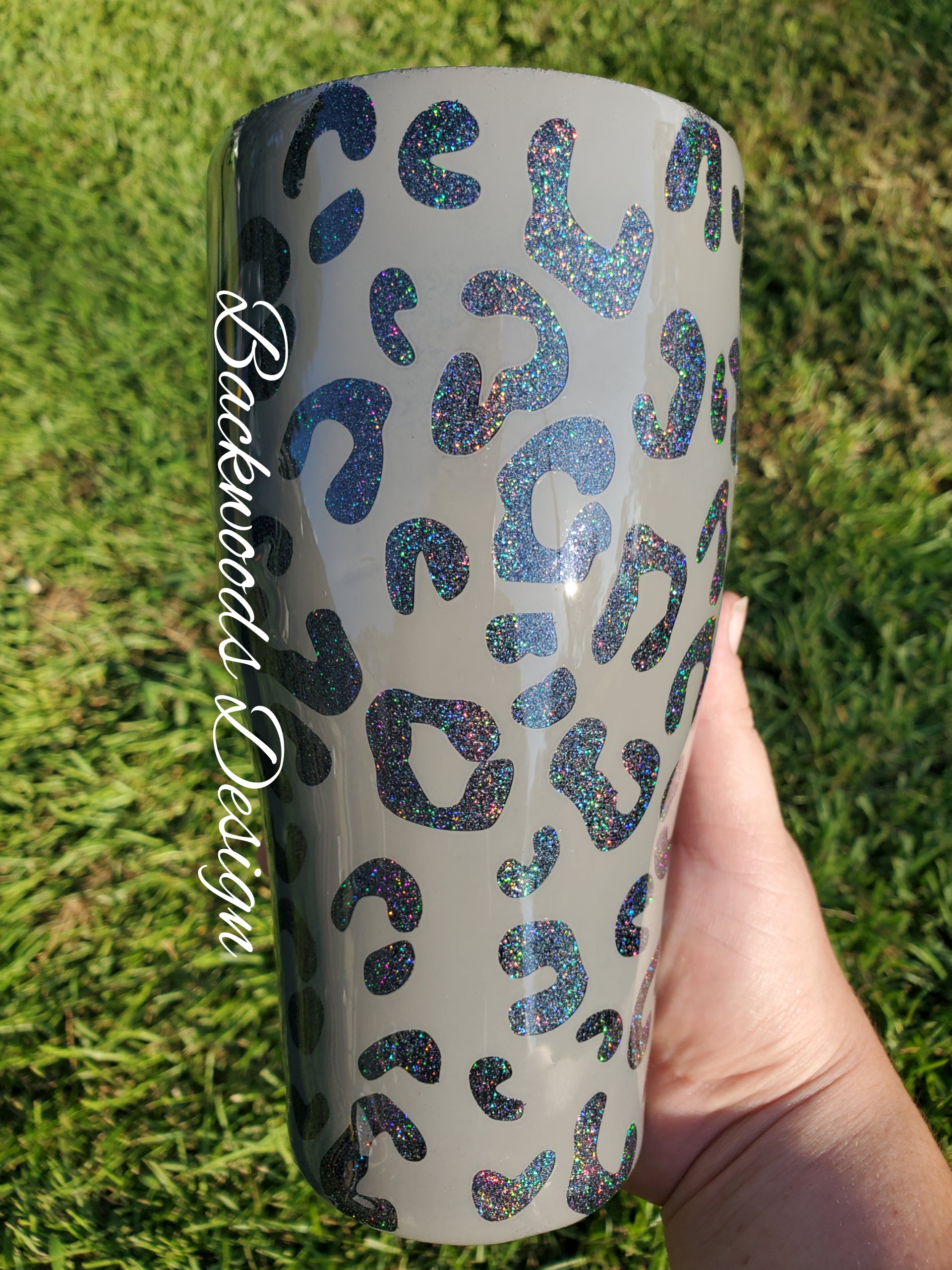 Leopard Cheetah glitter stainless steel tumbler.